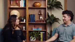 two people talking in an office