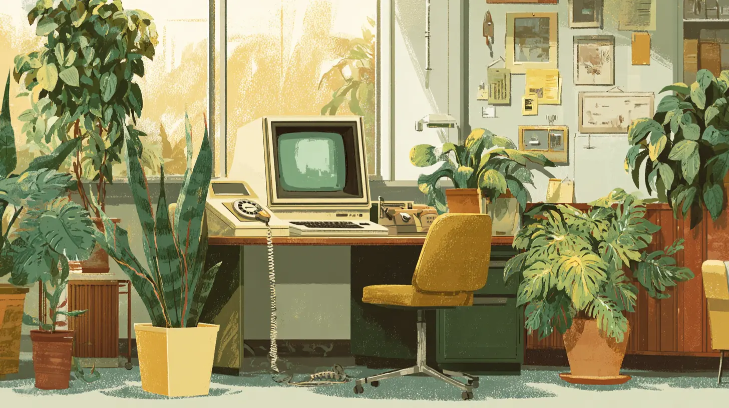 A vintage office with old computer