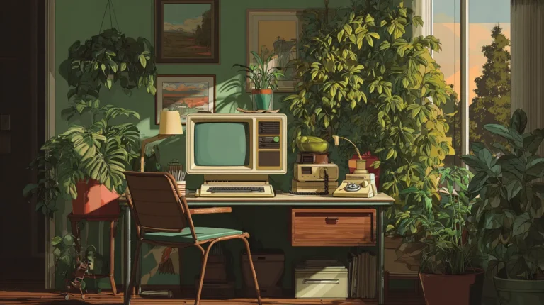 A vintage office with old computer