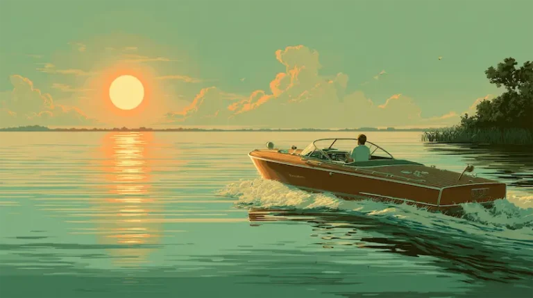 Vintage 70's wood motor boat headed towards the sunset