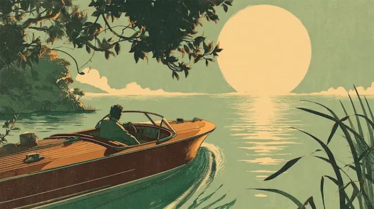Vintage 70's wood motor boat headed towards the sunset