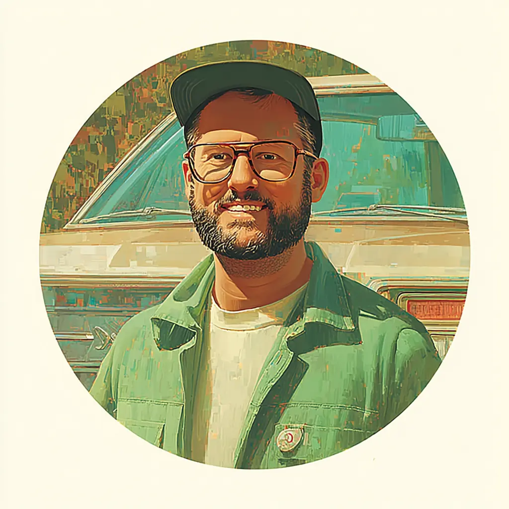 man in front of an old car