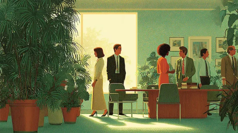 group of people standing around a table talking.