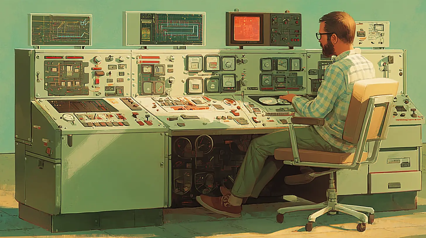 man at a vintage analog control panel.