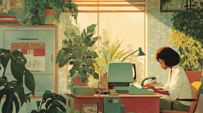 Lady at desk with retro computer and light streaming in from a window. Nice and tidy.