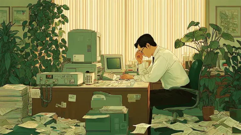 Man at desk with retro computer. Messy, papers everywhere.
