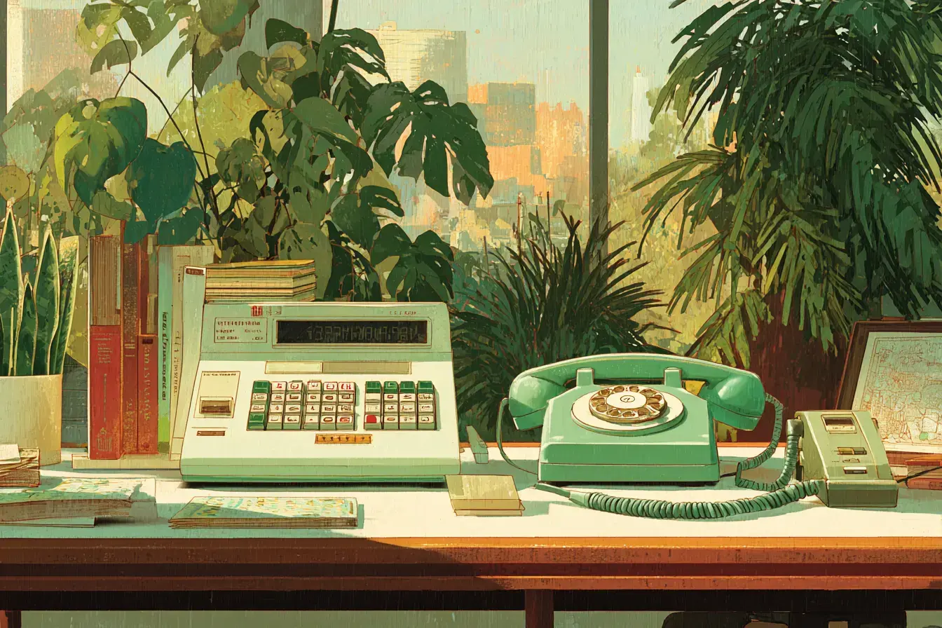 vintage calculator on a desk facing a window