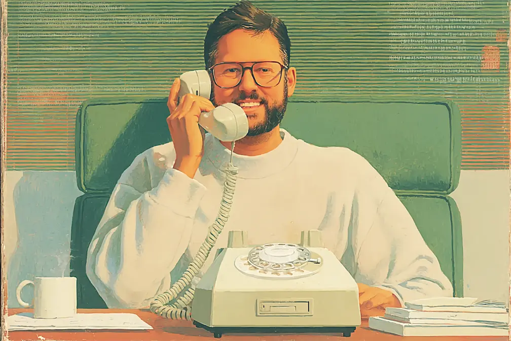 AI image of chad at a desk with an old rotary phone.